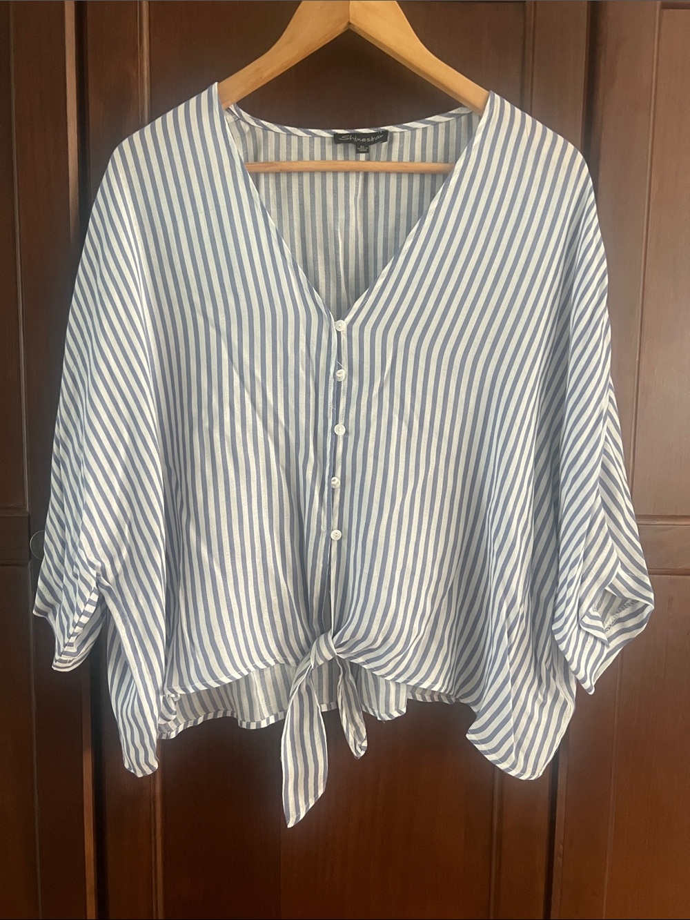 Shinestar Striped Tie-Front Button Down Blouse Top XL Blue White Rayon V-Neck